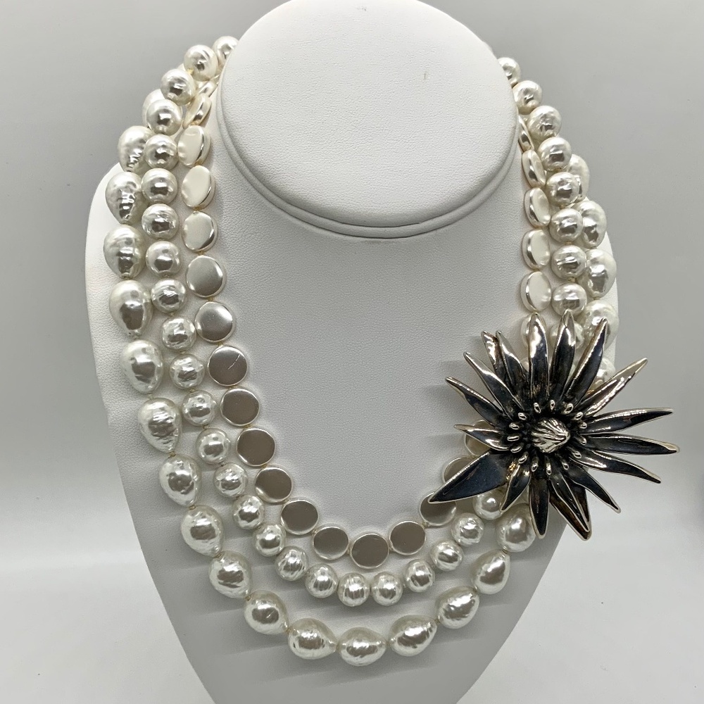 Simon Sebbag Statement Mixed Pearl Necklace W/ Sterling Silver Flower -Rare Find